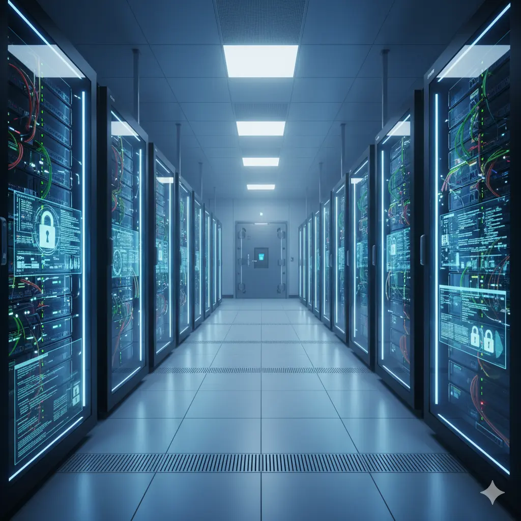 A secure data server room with blue lighting, representing data security and HIPAA compliance.